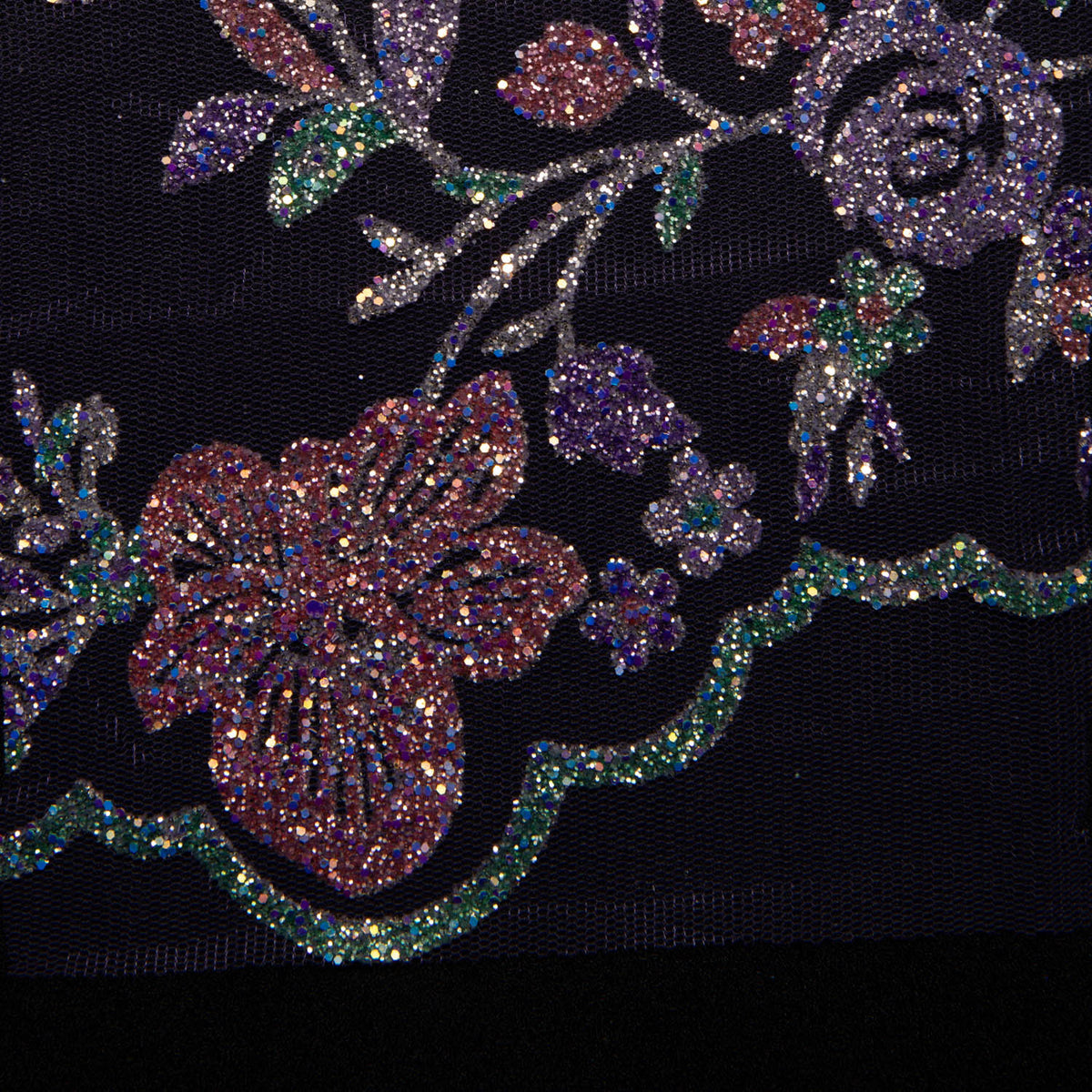 1 Yard Tulle Lace Fabric with Multicolor Glitter Floral Design, 58" Wide