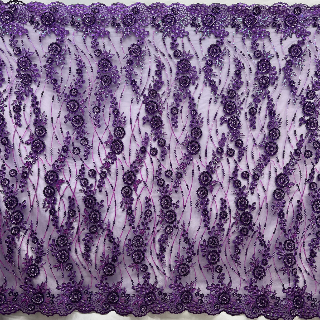 1 Yard Glamorous Rust Beaded Sequined Floral Lace Fabric on Net Mesh 53 inch Width