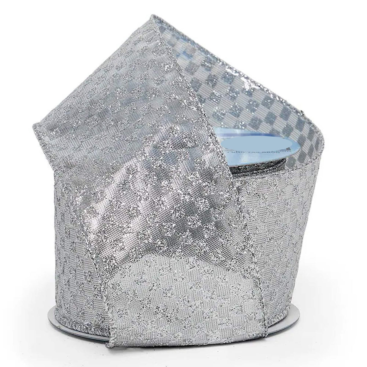 Glitter Mini Checker Pattern On Wired Ribbon 2 1/2 '' X 10 yd Metallic Silver Color 1 / roll