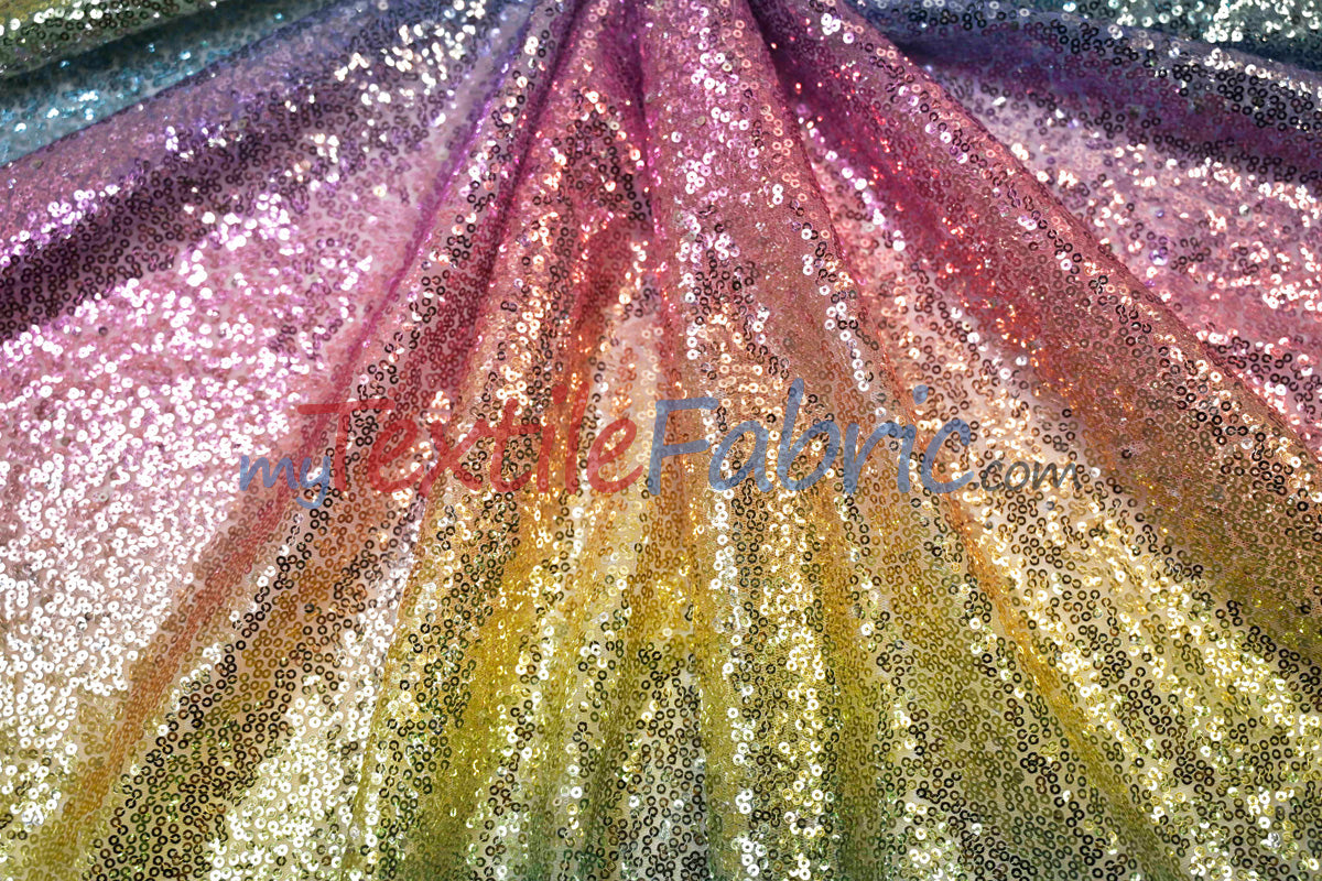 Rainbow Sequins Polyester Fabric - Multi Color Sequins On Rainbow Mesh, 54" Width (1 Yard)