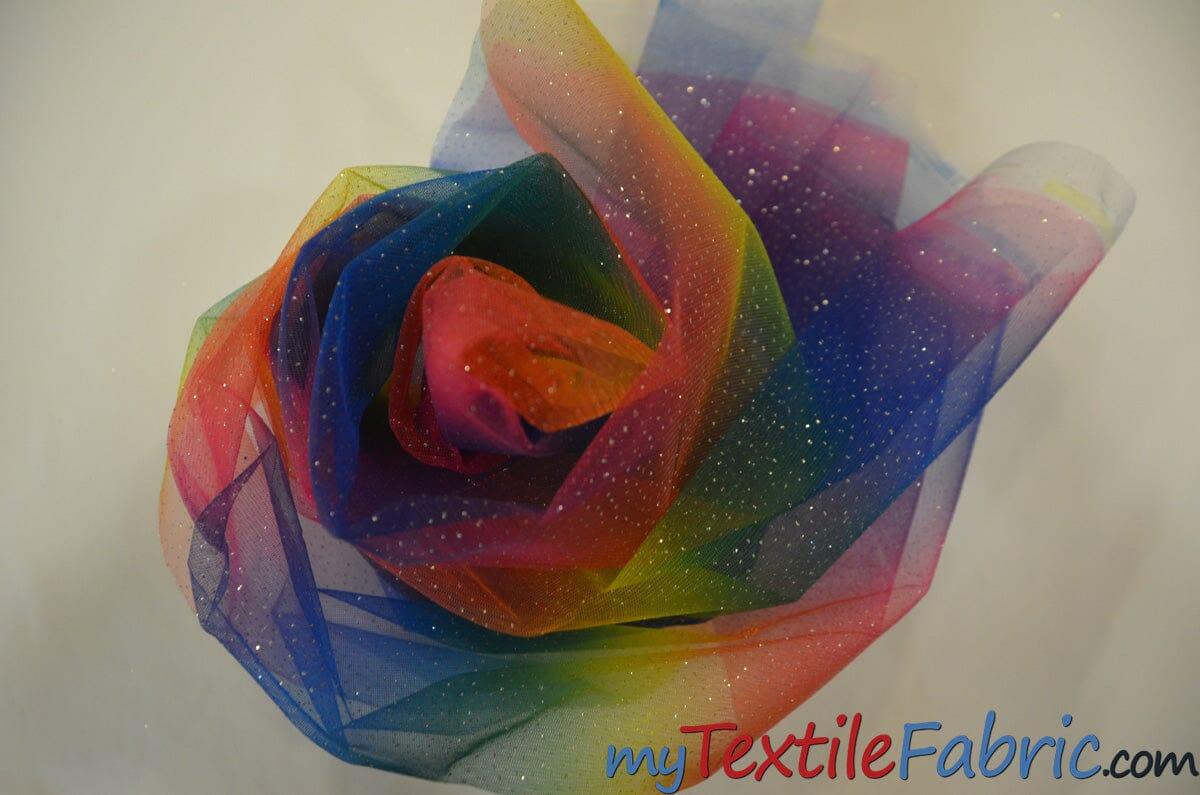 Rainbow Tulle Glitter Polyester Fabric - Multi Color Horizontal Rainbow Glitter, 60" Width (Yards)