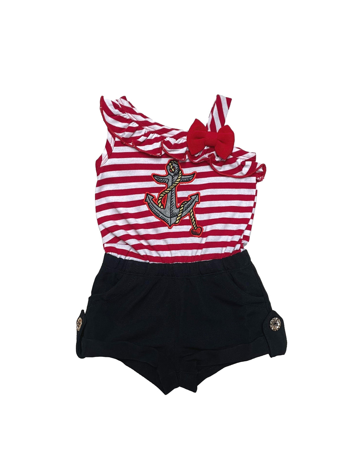 Stripe Anchor Asymmetrical Romper - Girls Dresses, Pink, Teal, Black, Stripe Anchor Pattern (6M/9M, 12M, 18M, 24M, 2, 3, 4, 5, 6, 7)
