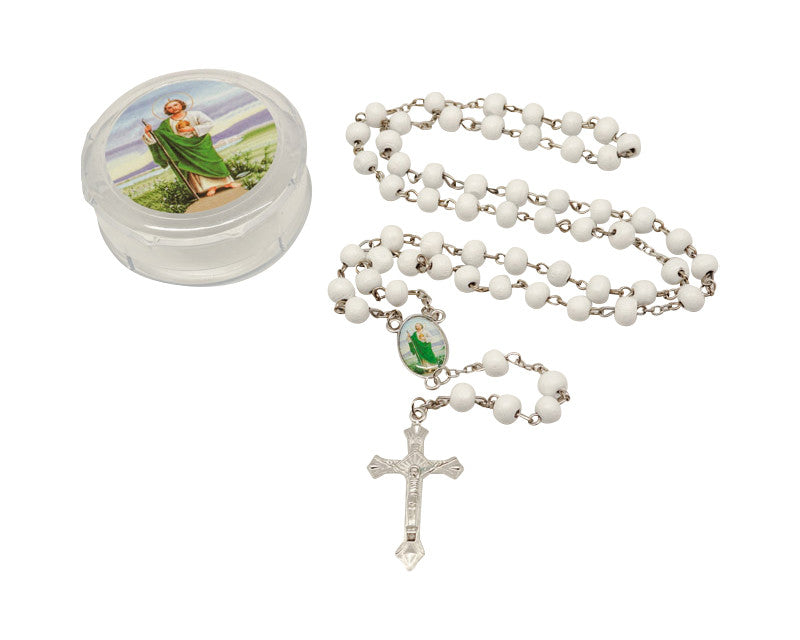 19 3/4 Inch White Religious Wood Beads Saint Jude Rosary Set of 12