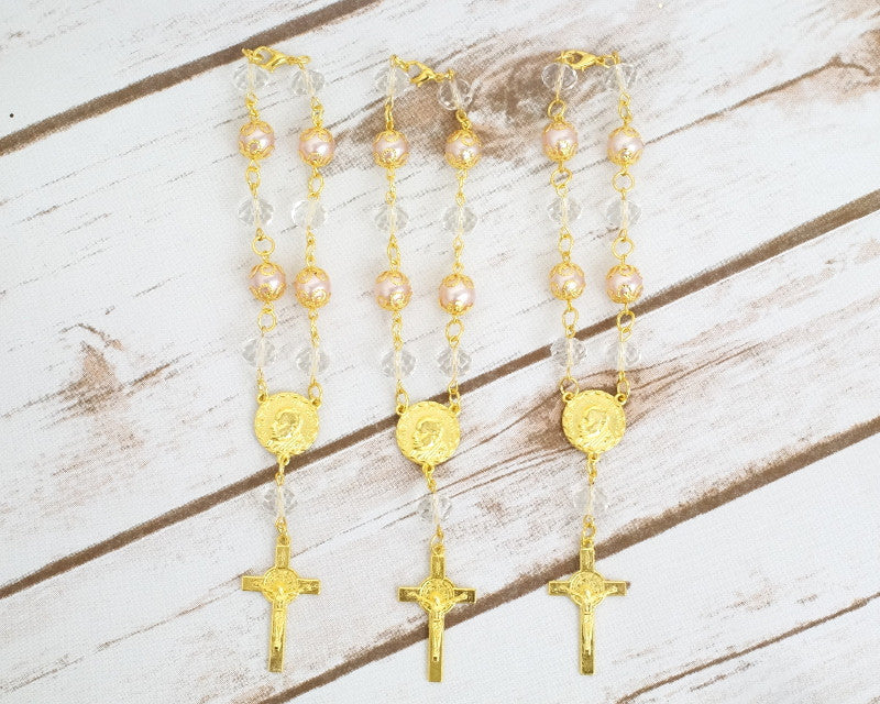 6 Inch Pink Gold Metal Ball Rosary Bracelets with Cross Pendant Set of 12