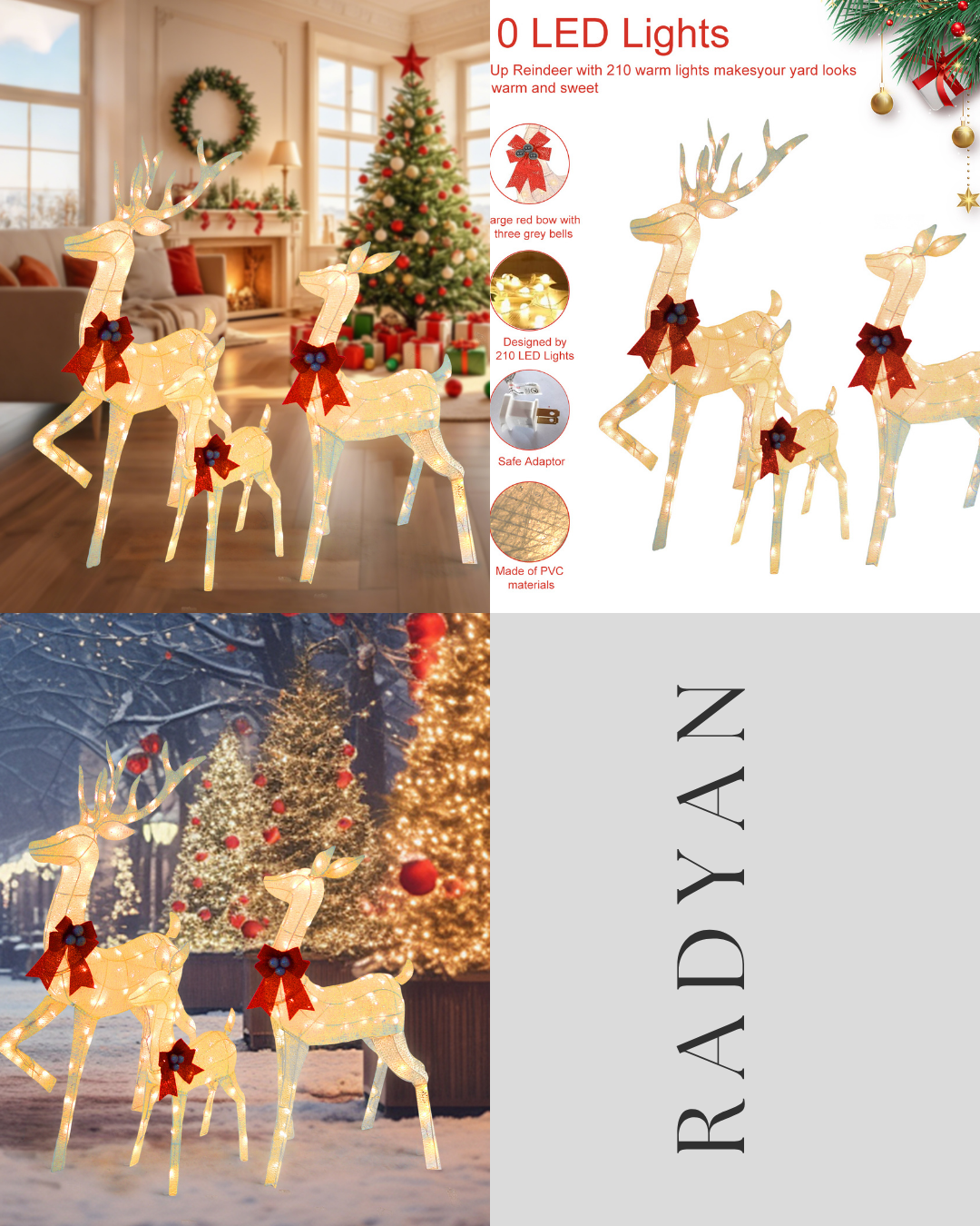 Outdoor Christmas Reindeer Set with Warm White LED Lights UL Listed Indoor/Outdoor Yard Decoration 31" 27" 18.5"