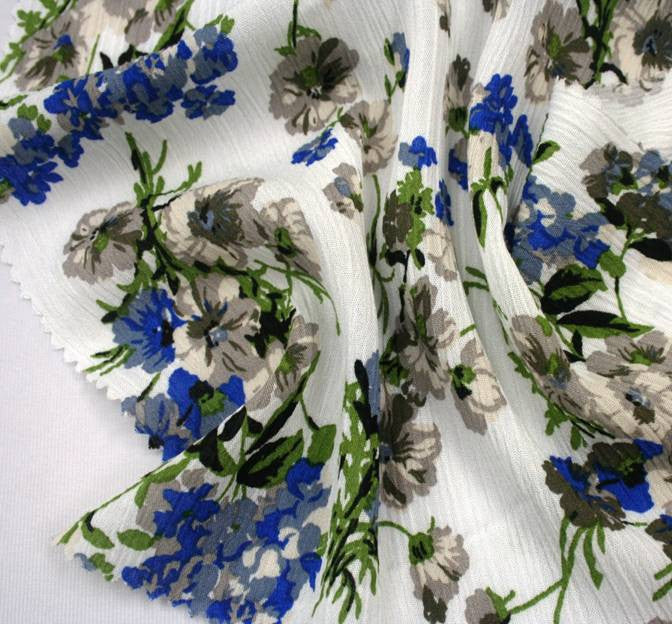 Rayon Crinkle 1D704 100 Percent Rayon Fabric - Ivory/Blue Vertical Rippled Texture, 50/51" Width (1 Yard)