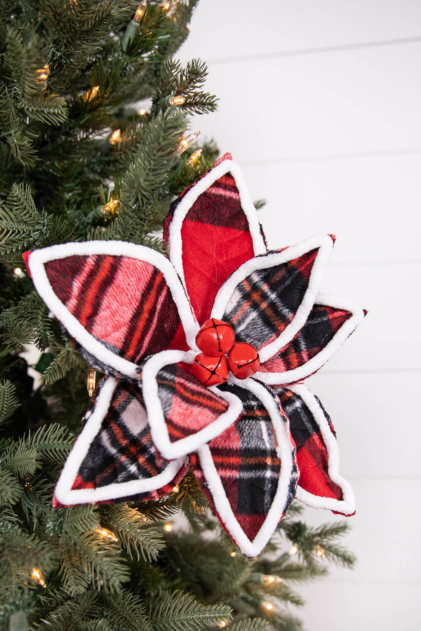 22” x 11" Red and Black Plaid with Red Bells Poinsettia Stem