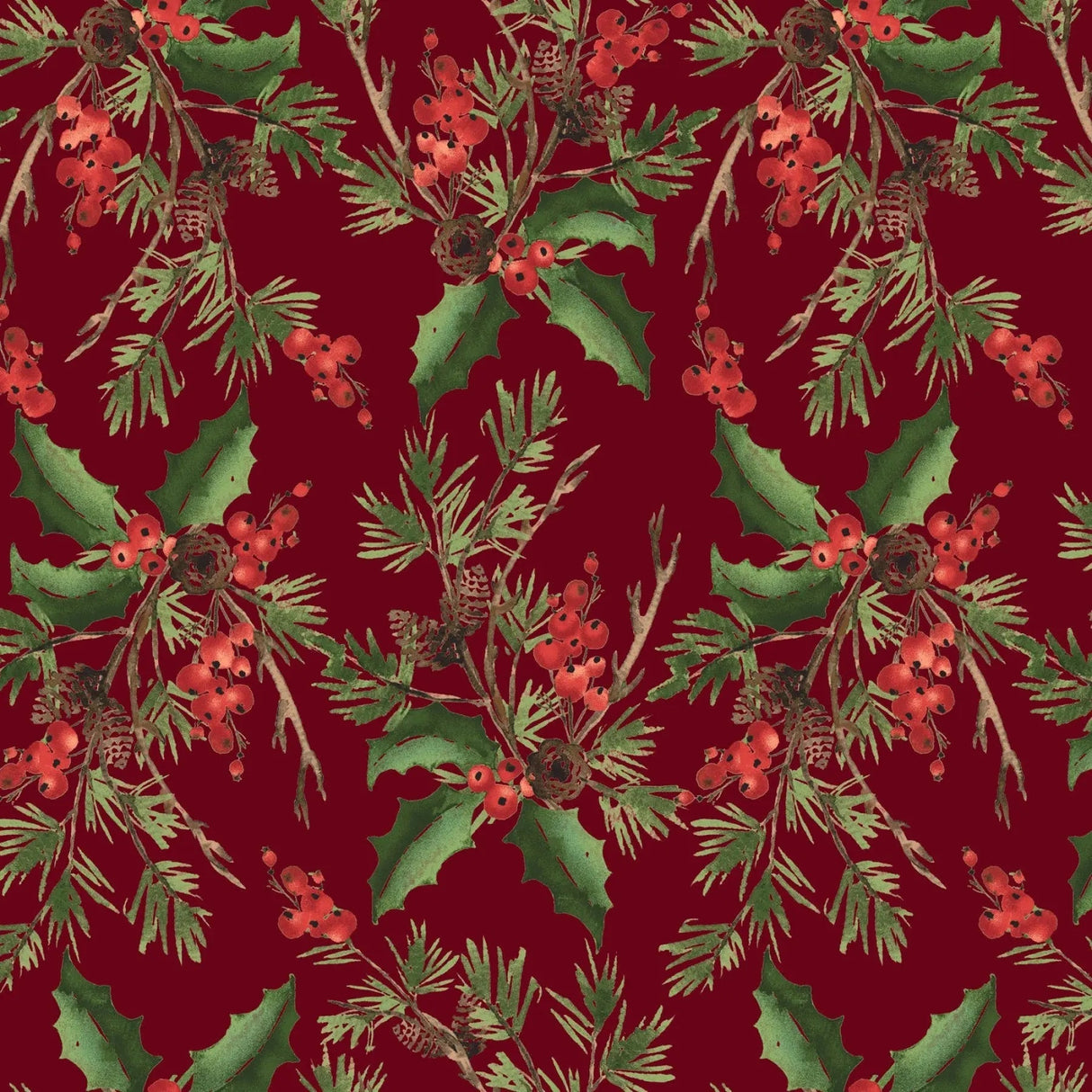 Cotton Wideback Fabric Red Burgandy Holly Bouquet 108"