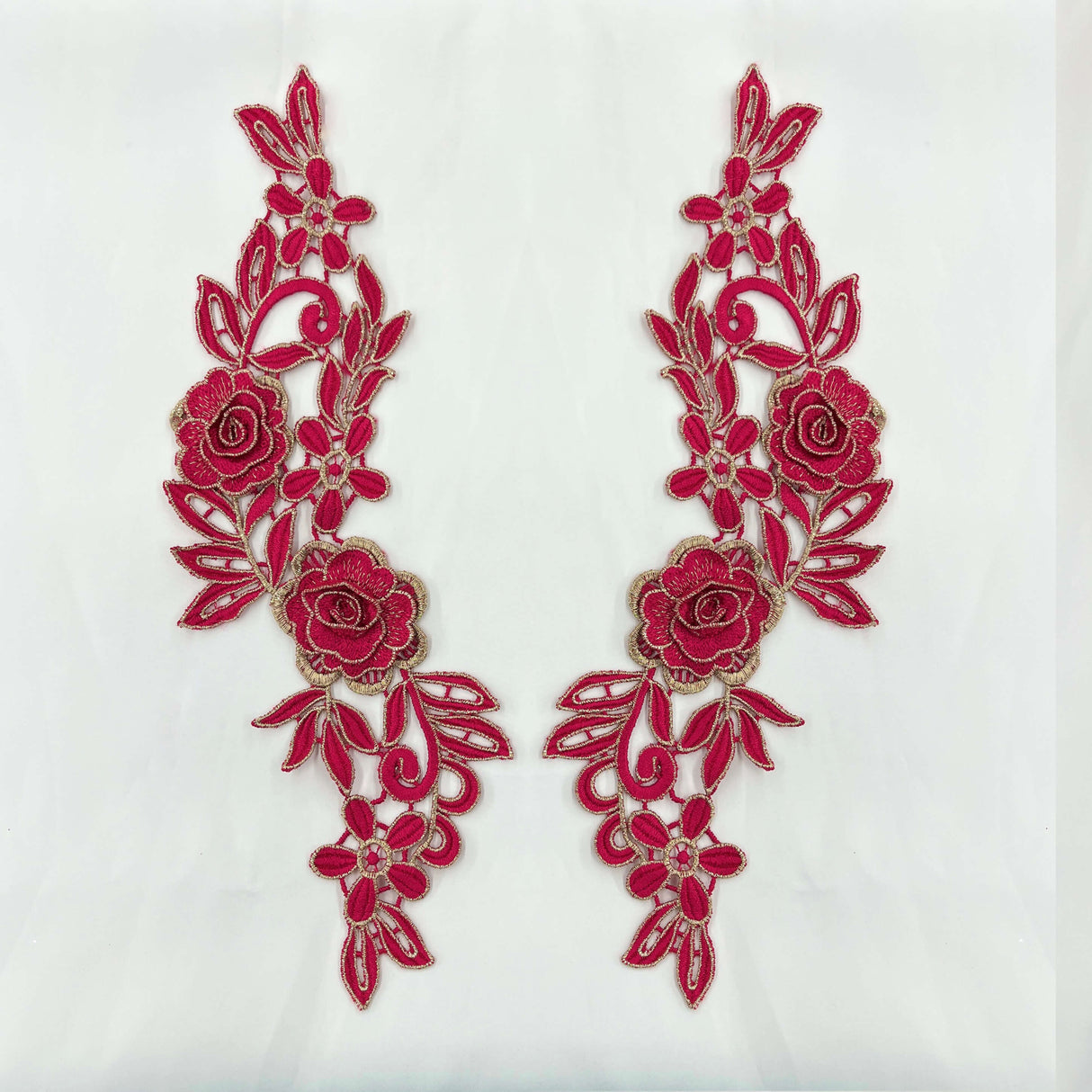 3D Floral Lace Applique Embroidered On 100 Percent Polyester Net Mesh Fabric - Brown/Gold, Emerald/Gold, Purple/Gold, Red/Gold, Teal/Gold, Wine/Gold, Yellow/Gold, Brick/Gold, 14" X 5" (1 Pair)