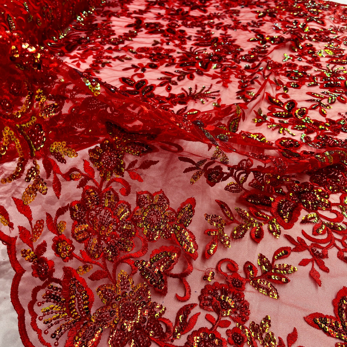 Beaded Sequined Floral Lace Fabric