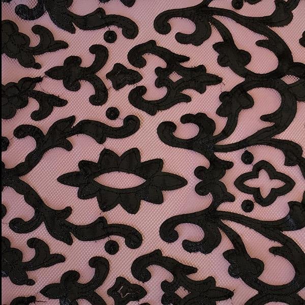 Renee Embroidered Mesh Polyester Spandex Fabric - Pink/Black, Ivory/White, Black/Black, Olive/Black, Arabian/Black, Orange/Black, Plum/Black, 54" Cut Width, 50" Usable Width (1 Yard)