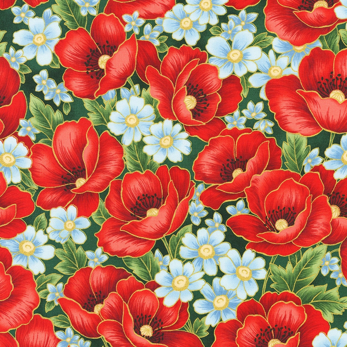 Quilting Cotton Poppy Hill Studio Poppies Bouquet Gold Metallic Robert Kaufman