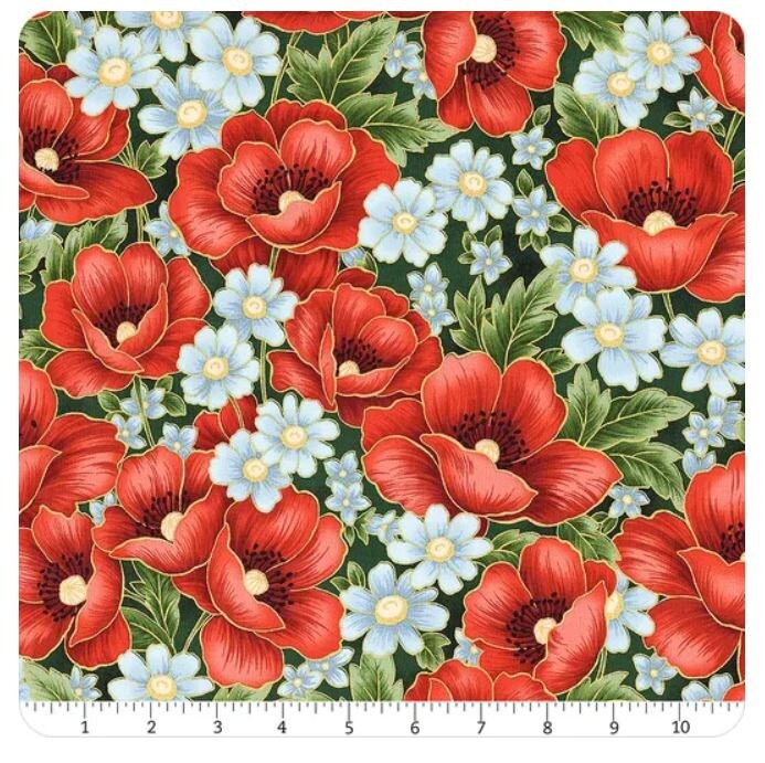 Quilting Cotton Poppy Hill Studio Poppies Bouquet Gold Metallic Robert Kaufman