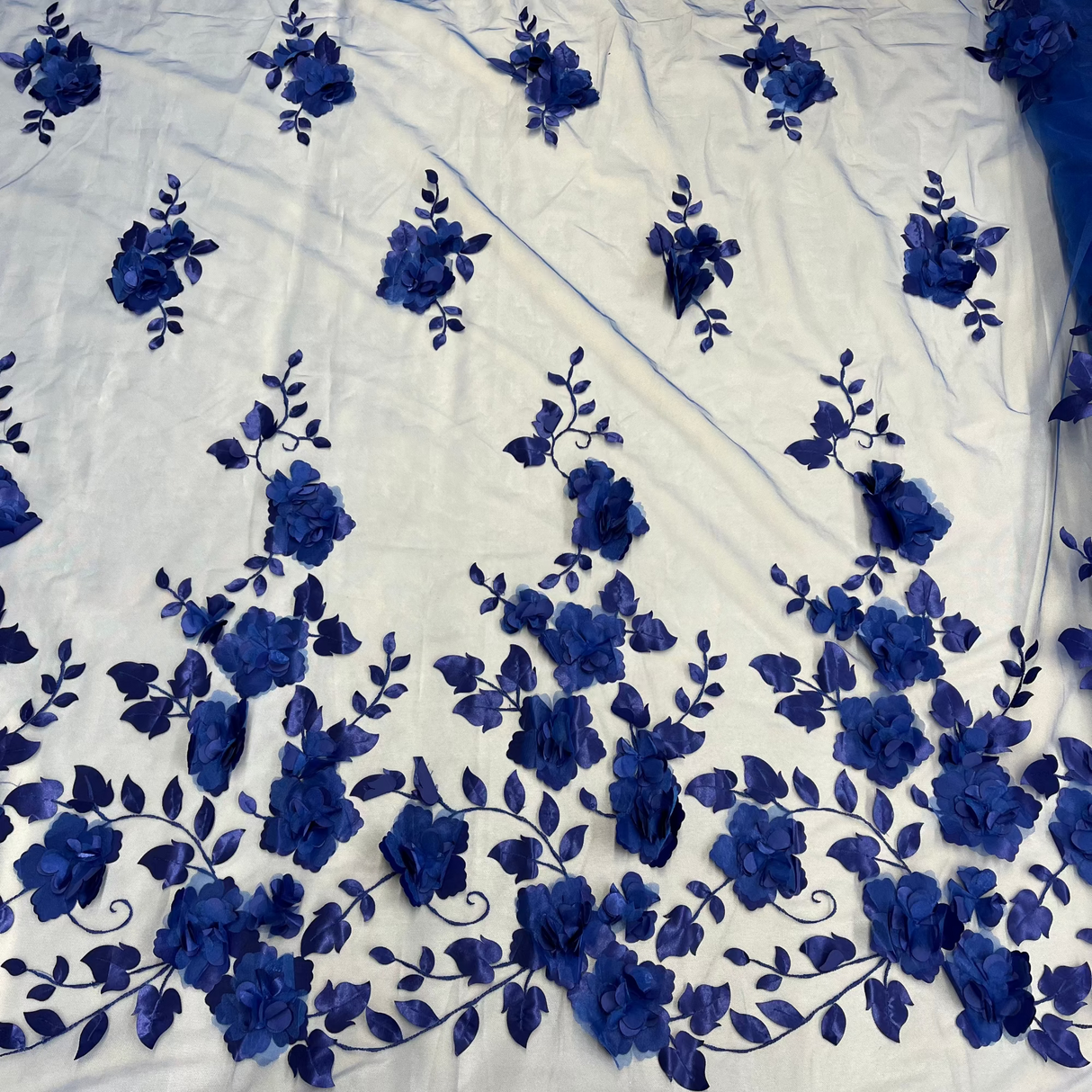 3D Floral Lace Fabric - Embroidered 100 Percent Polyester Tulle, 3D Satin Flowers And Leaves, 60" Width (1 Yard)