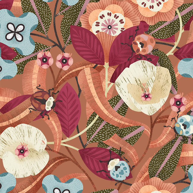 Cotton Print Rust Beetles And Blooms Fabric 44/45