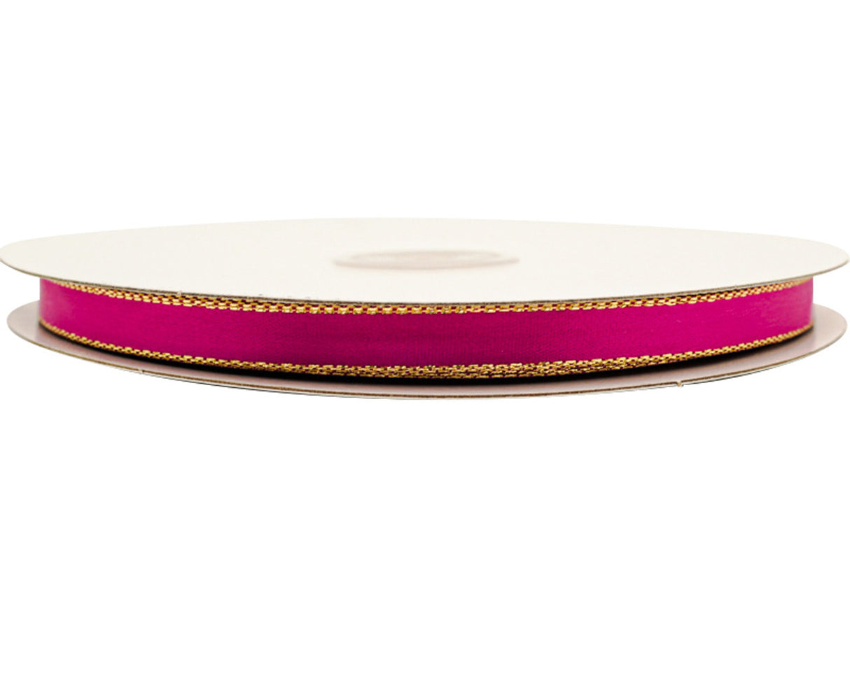 3/8"x50 yard Shocking Pink Satin Gift Ribbon with Gold Edge