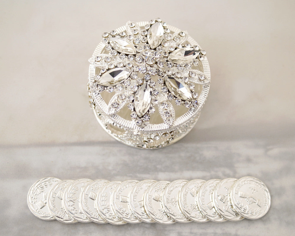 Silver Round Crystal Wedding Arras Box Set 2.4 Inch Coins