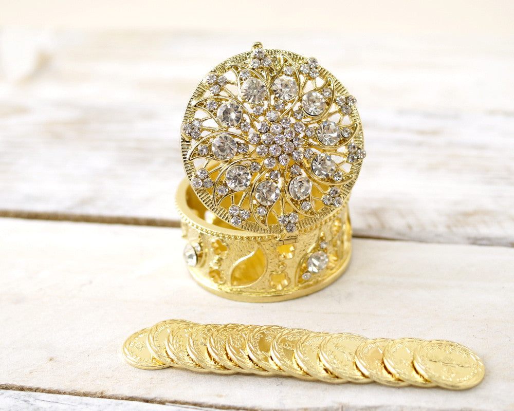 Gold Round Crystal Wedding Arras Box Set 2.5 Inch Coins