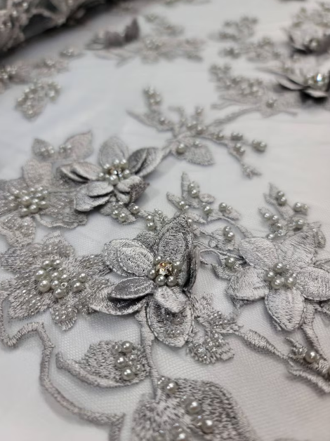 Beaded 3D Floral Lace Silver