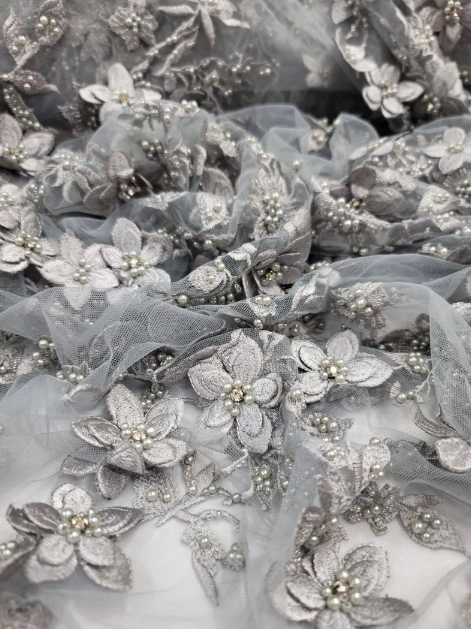 Beaded 3D Floral Lace Silver