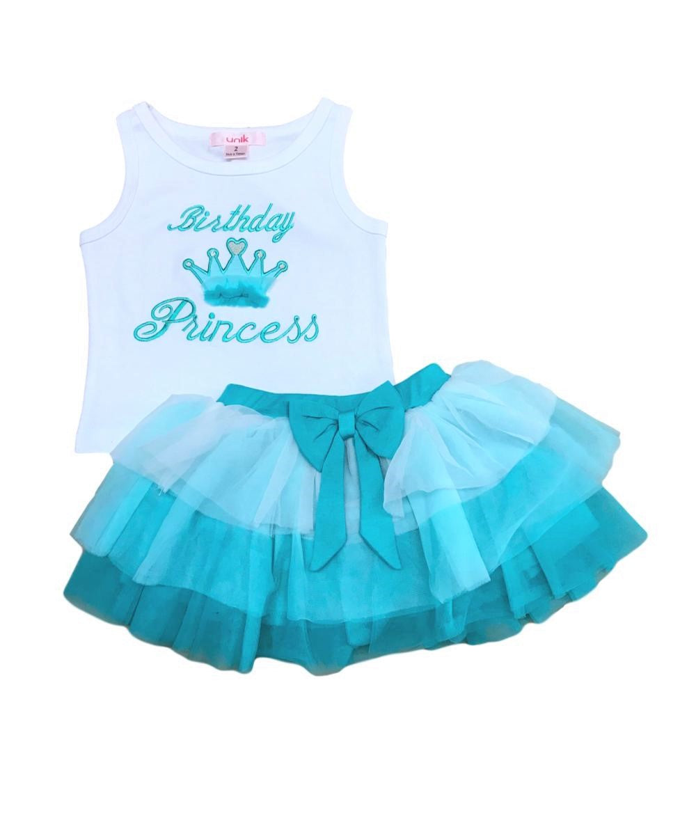 Girl Tulle Layered Birthday Princess Skirt Set - Pink, Mint, Purple (Sizes 2-8)
