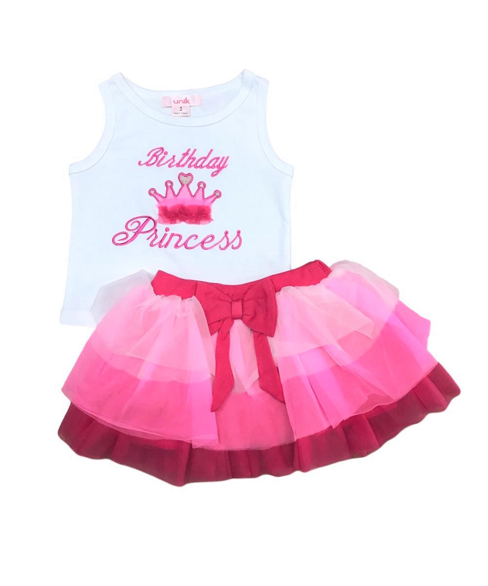 Girl Tulle Layered Birthday Princess Skirt Set - Pink, Mint, Purple (Sizes 2-8)