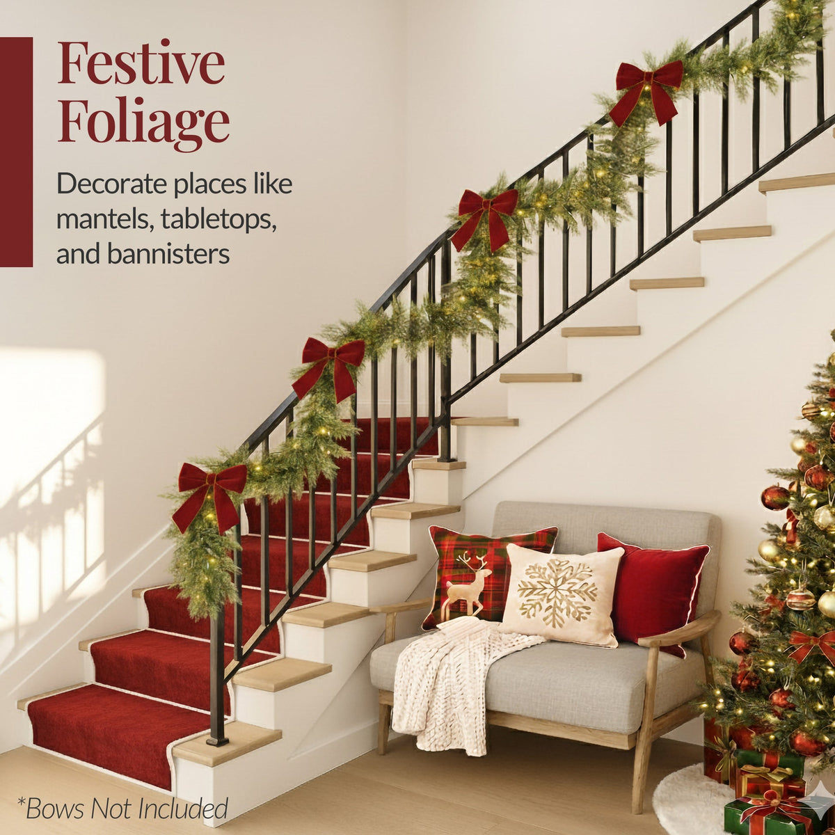Pre-lit cedar cypress Christmas garland with twinkling LED lights draped over a mantel