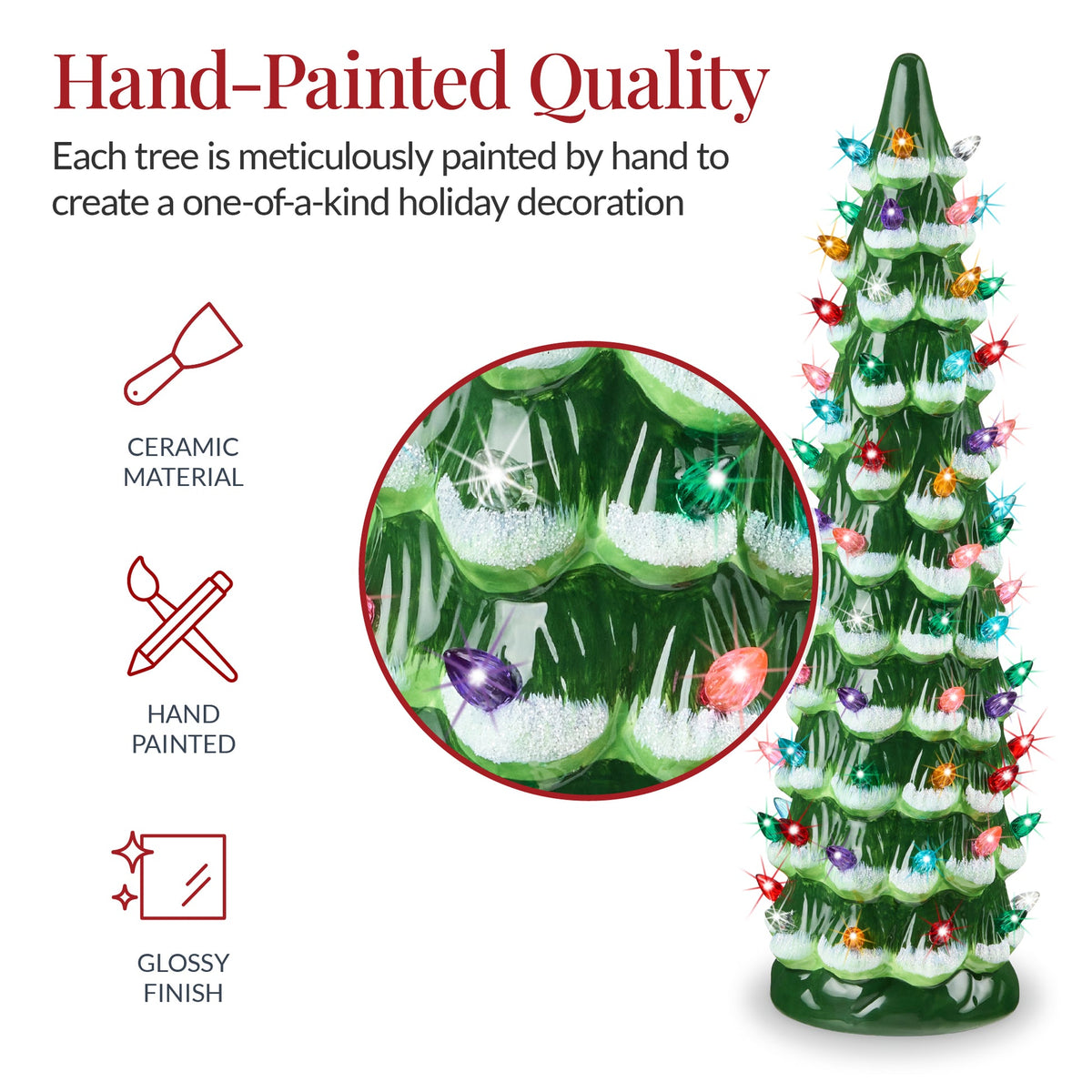 Hand-painted ceramic Christmas tree with glowing LED lights displayed as mantel decor
