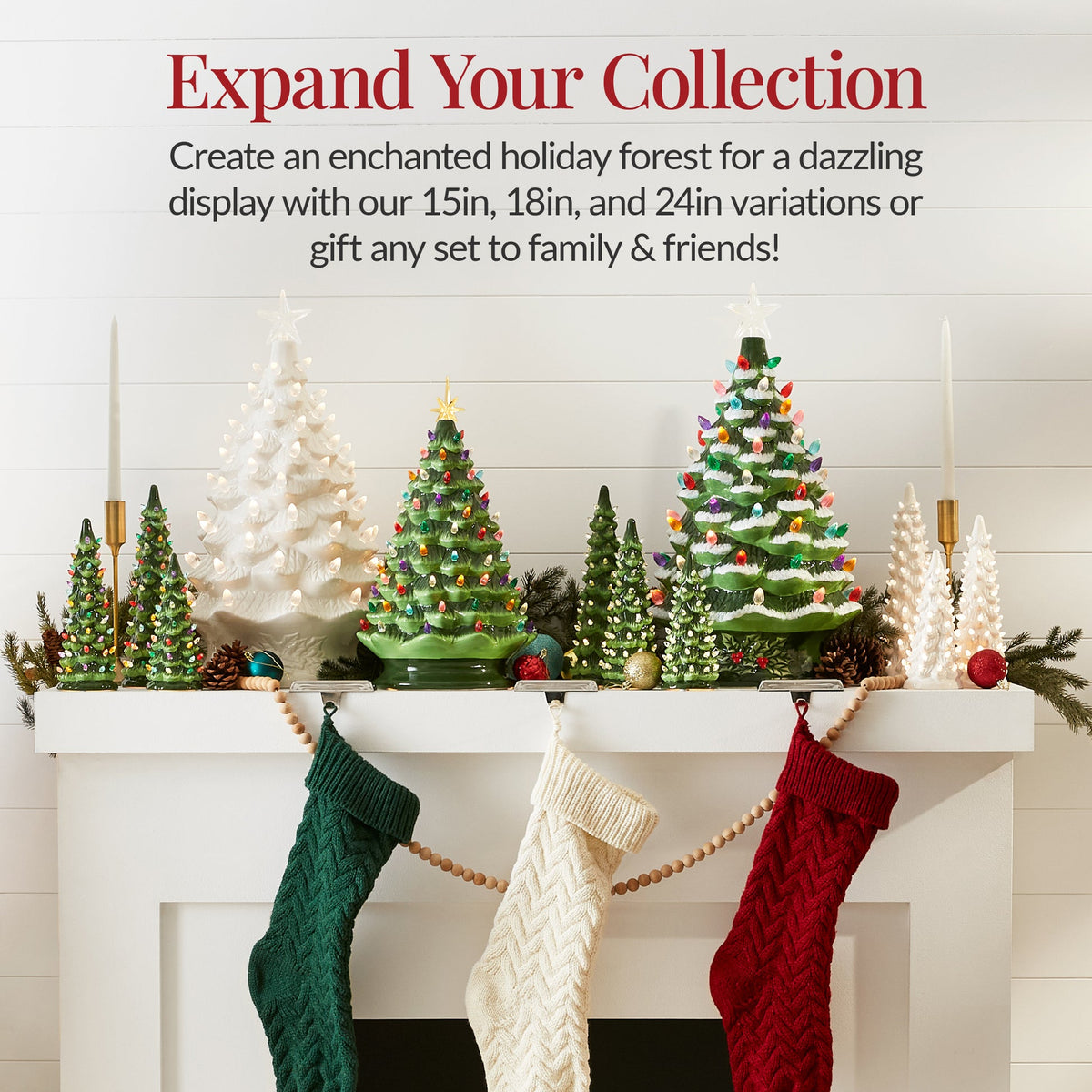 Hand-painted ceramic Christmas tree with glowing LED lights displayed as mantel decor