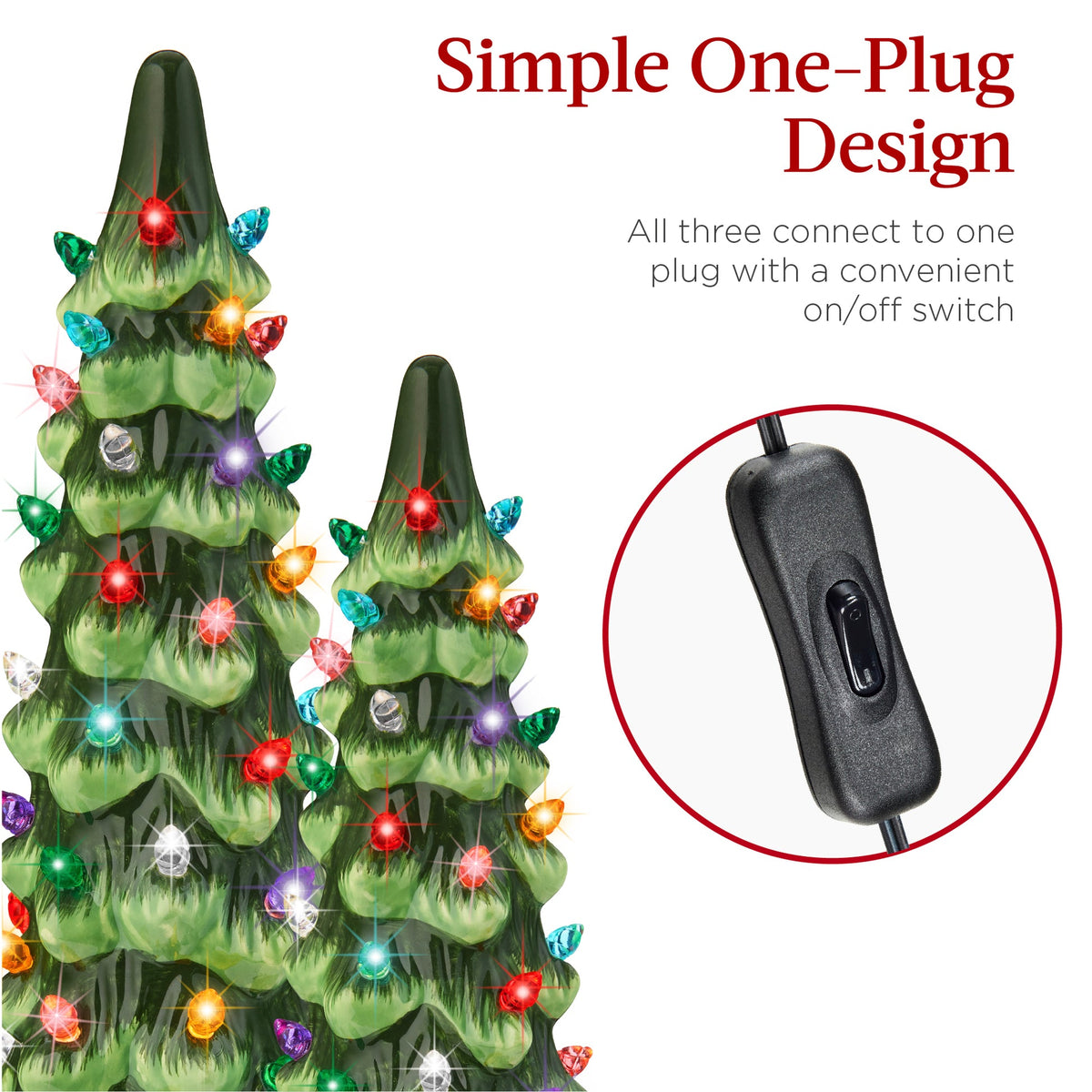 Set of XL pre-lit ceramic tabletop Christmas trees with LED lights displayed together
