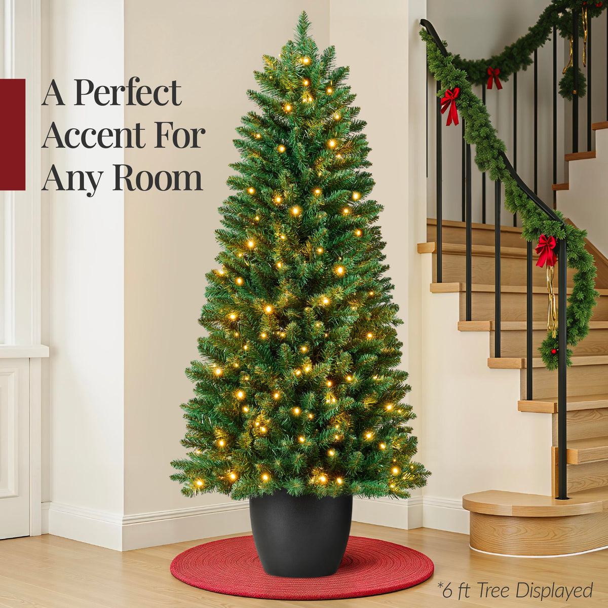 Pre-Lit Potted Pencil Christmas Tree with Twinkling LED Lights product image showing its overall design and key.