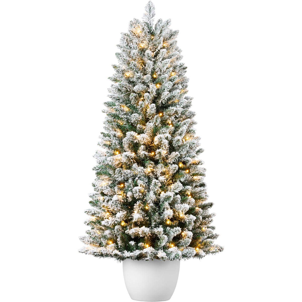 Pre-Lit Potted Flocked Christmas Tree with Twinkling LED Lights product image showing its overall design and key.