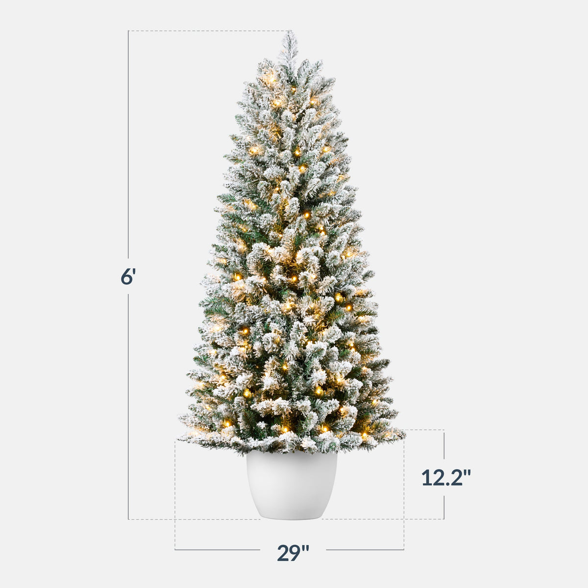 Pre-Lit Potted Flocked Christmas Tree with Twinkling LED Lights product image showing its overall design and key.