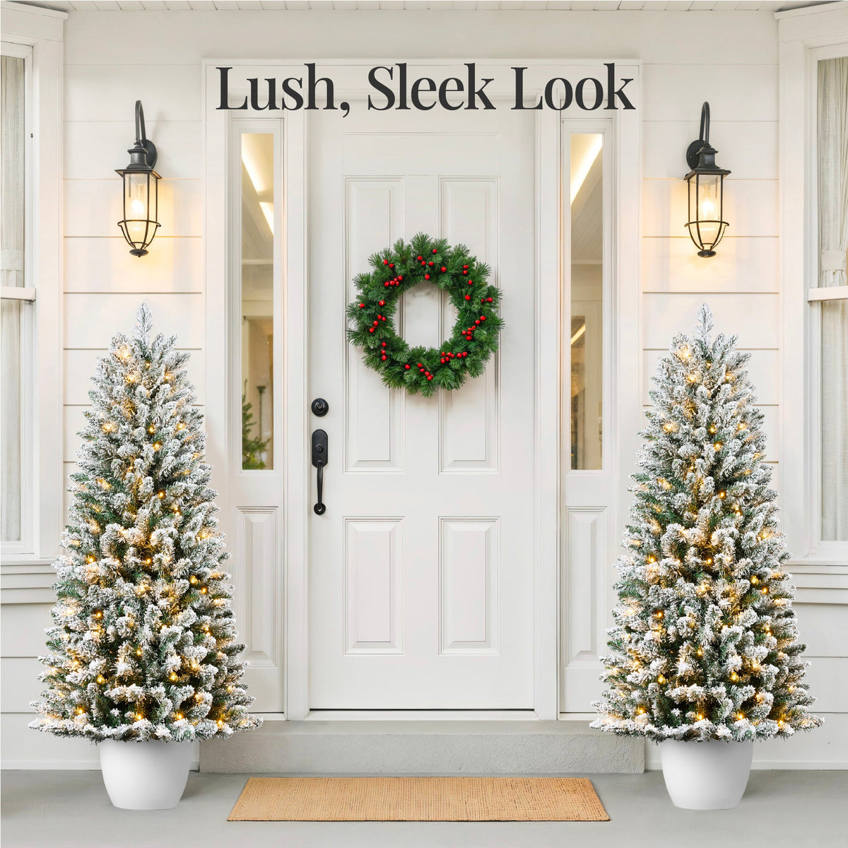 Pre-Lit Potted Flocked Christmas Tree with Twinkling LED Lights product image showing its overall design and key.