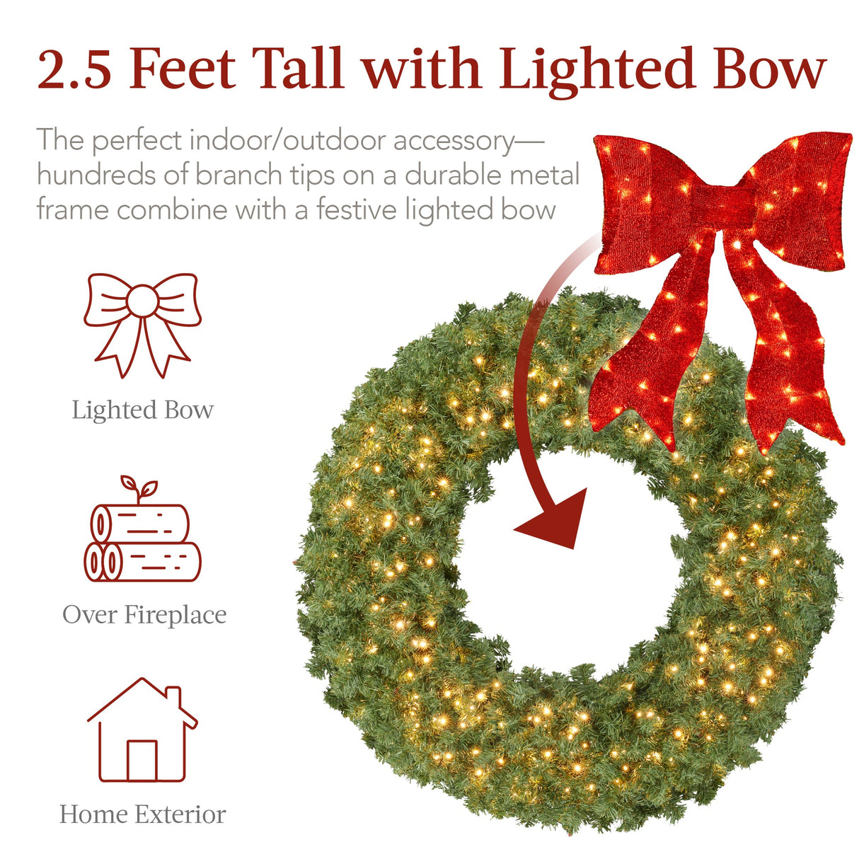 Pre-Lit Artificial Red Bow Fir Christmas Wreath with LED Lights