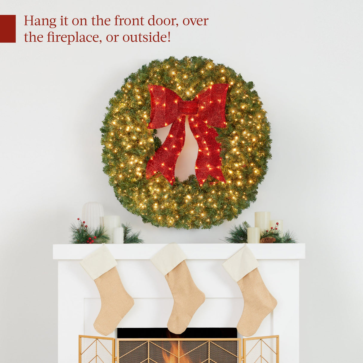 Pre-Lit Artificial Red Bow Fir Christmas Wreath with LED Lights