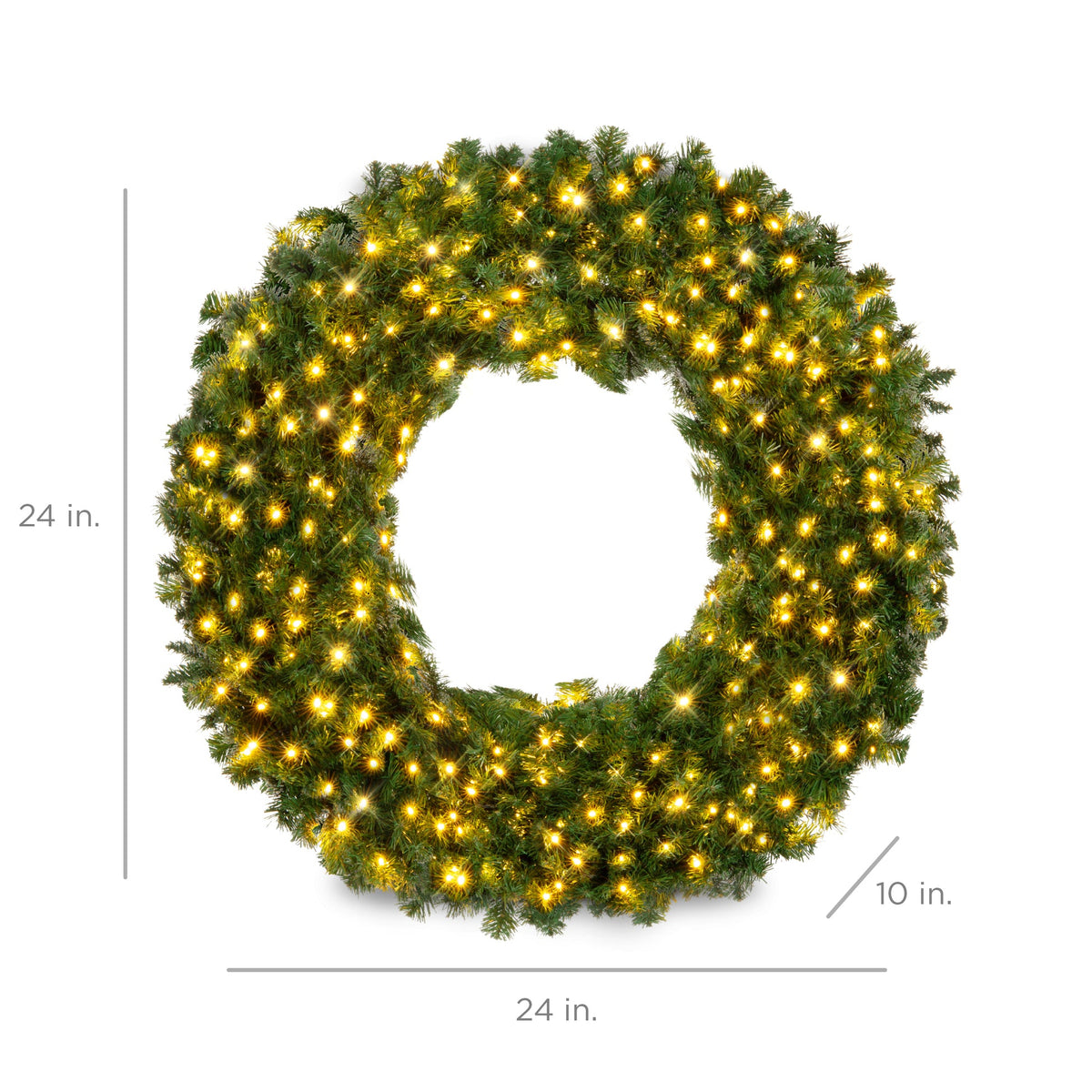 Plug-in pre-lit artificial fir Christmas wreath glowing with LED lights hung on a front door