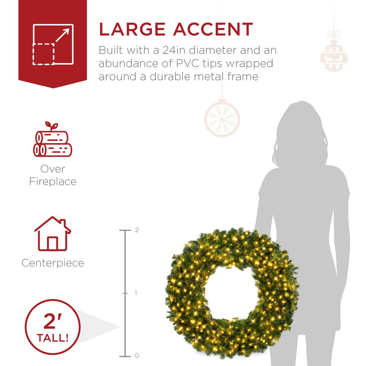 Plug-in pre-lit artificial fir Christmas wreath glowing with LED lights hung on a front door