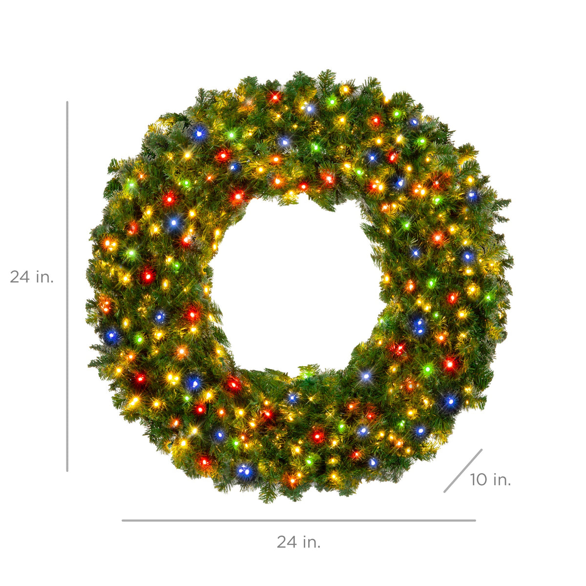 Pre-lit artificial fir Christmas wreath glowing with multicolor LED lights on a wooden door
