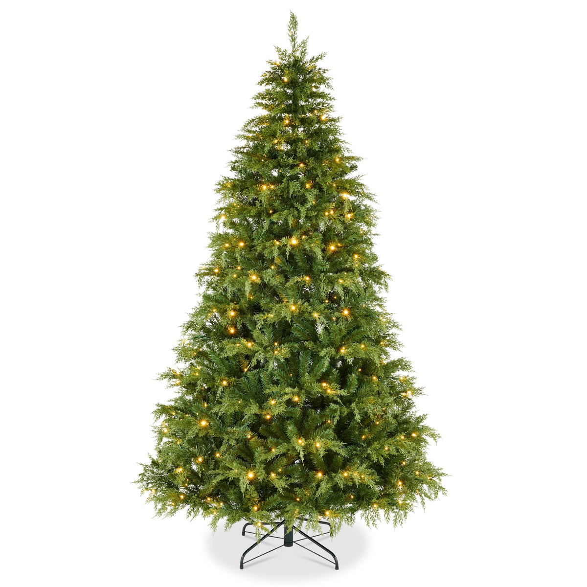 Pre-Lit Cedar Cypress Christmas Tree with Twinkling String Lights product image showing its overall design and key.
