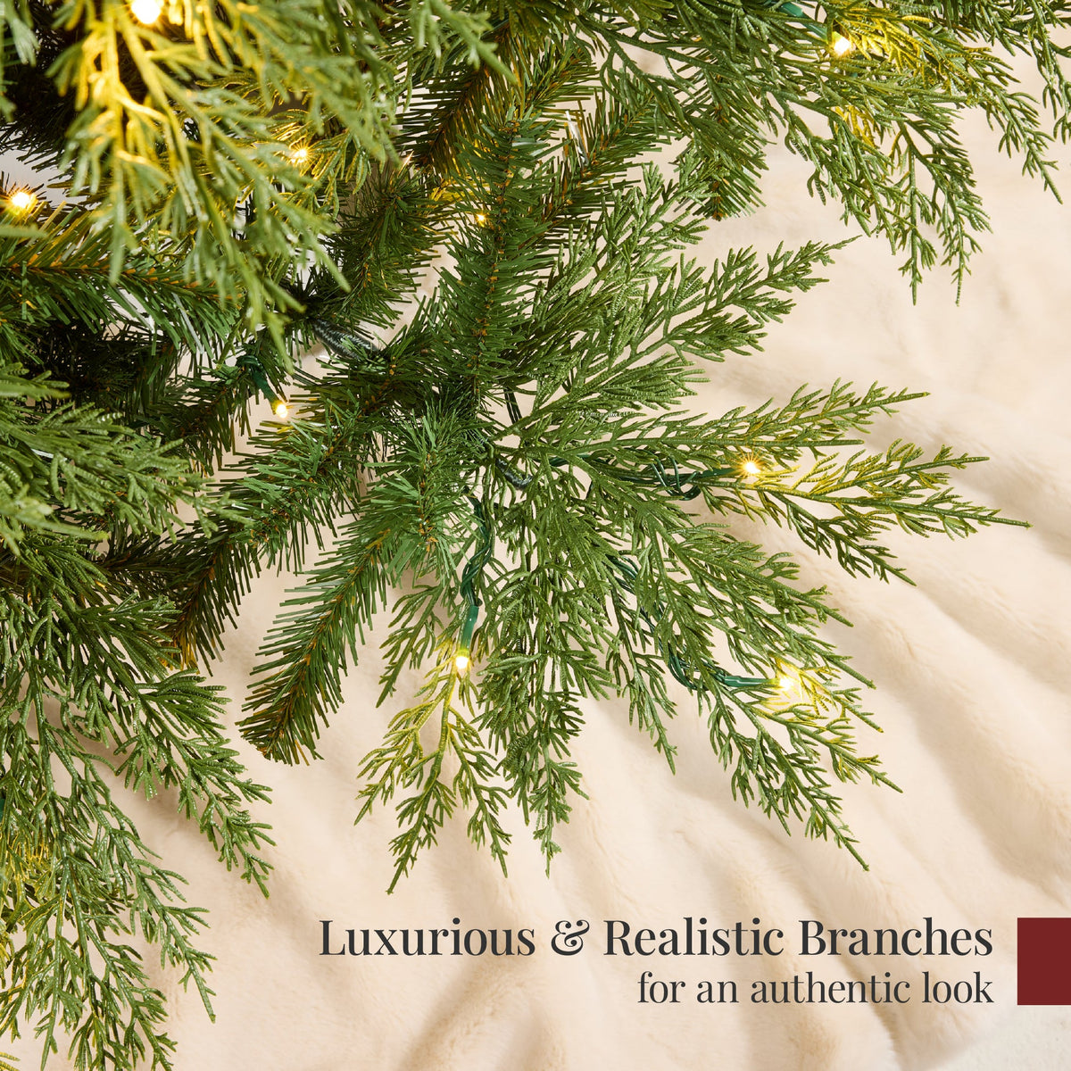 Pre-Lit Cedar Cypress Christmas Tree with Twinkling String Lights product image showing its overall design and key.