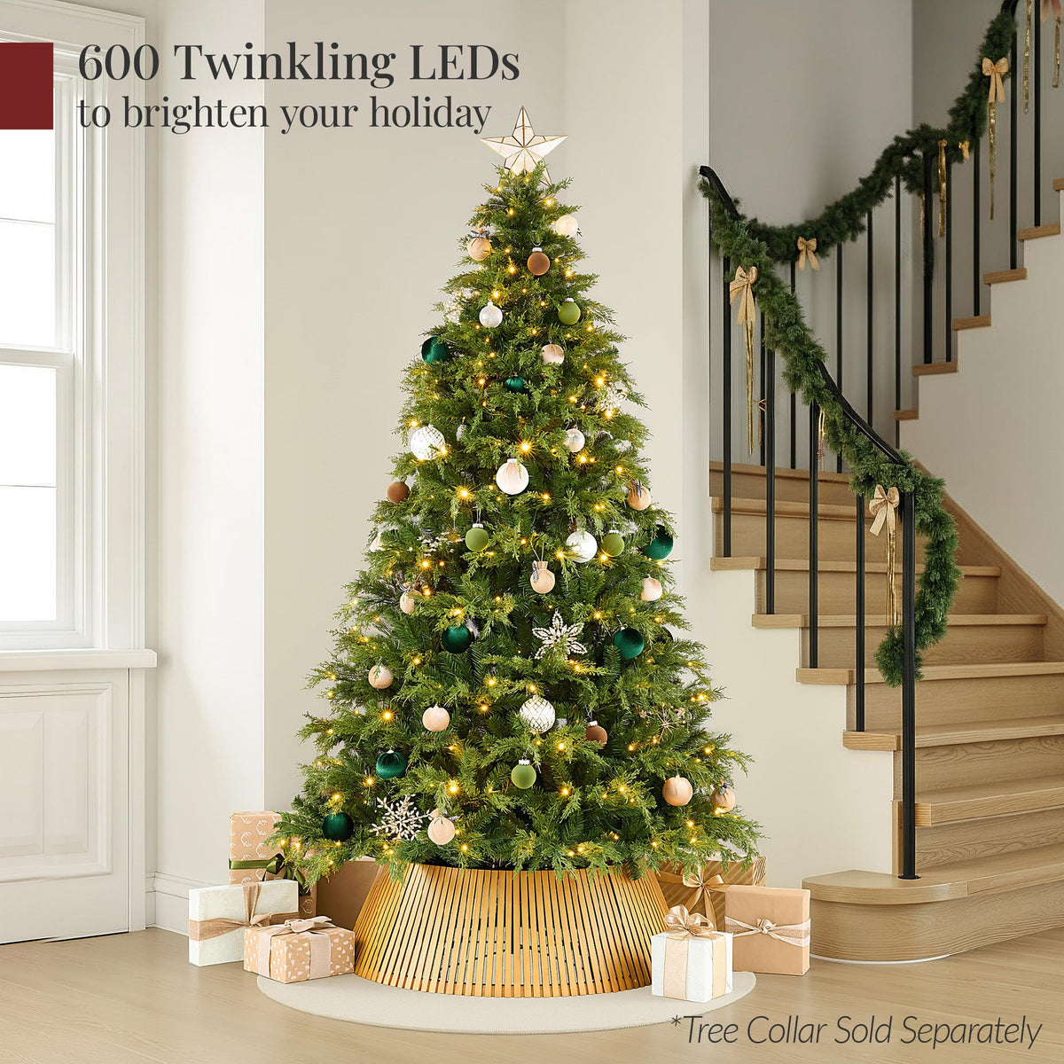 Pre-Lit Cedar Cypress Christmas Tree with Twinkling String Lights product image showing its overall design and key.