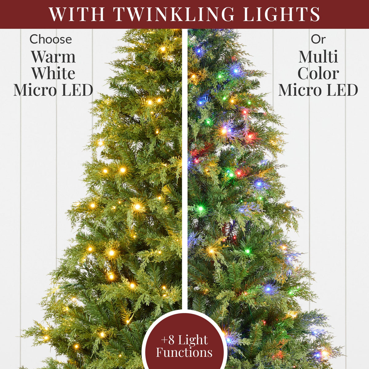 Pre-Lit Cedar Cypress Christmas Tree with Twinkling String Lights product image showing its overall design and key.
