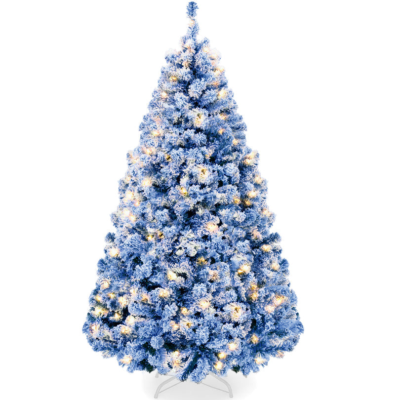 Pre-Lit Snow Flocked Christmas Tree with Twinkle Light Effects product image showing its overall design and key.