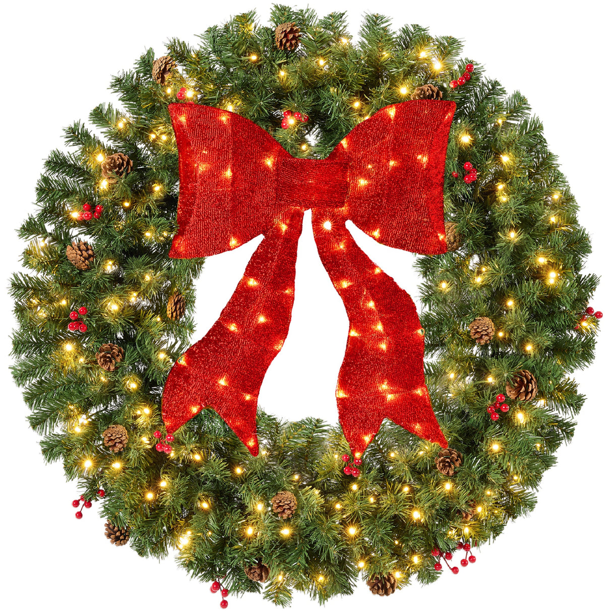 Pre-Lit Artificial Christmas Wreath with Red Bow, Berries & Pinecones