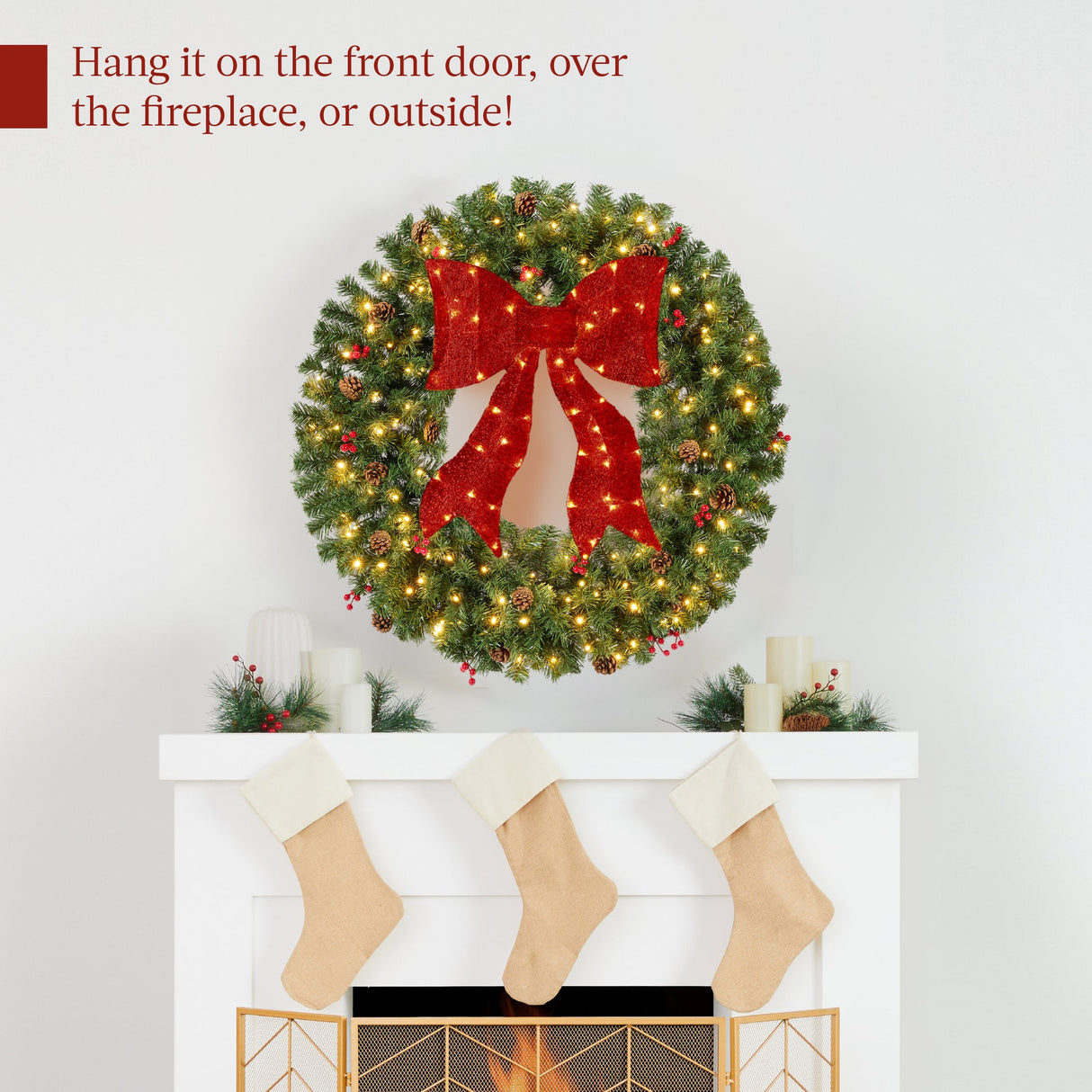 Pre-Lit Artificial Christmas Wreath with Red Bow, Berries & Pinecones