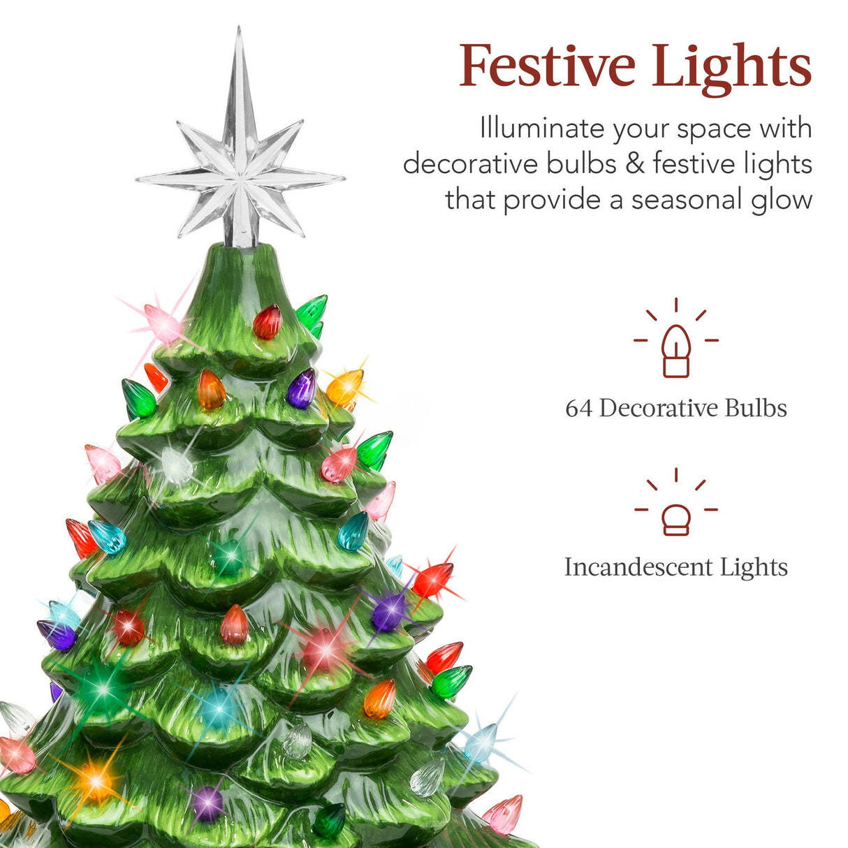 15-Inch Pre-Lit Ceramic Tabletop Christmas Tree with Star Toppers