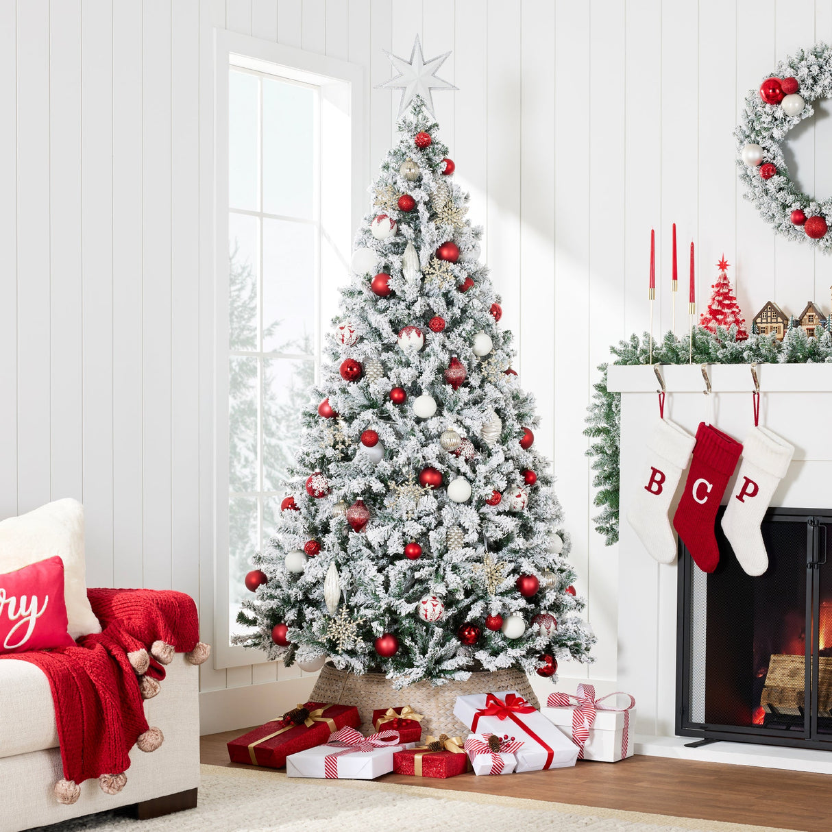 Snow Flocked Pine Christmas Tree with Metal Stand Base