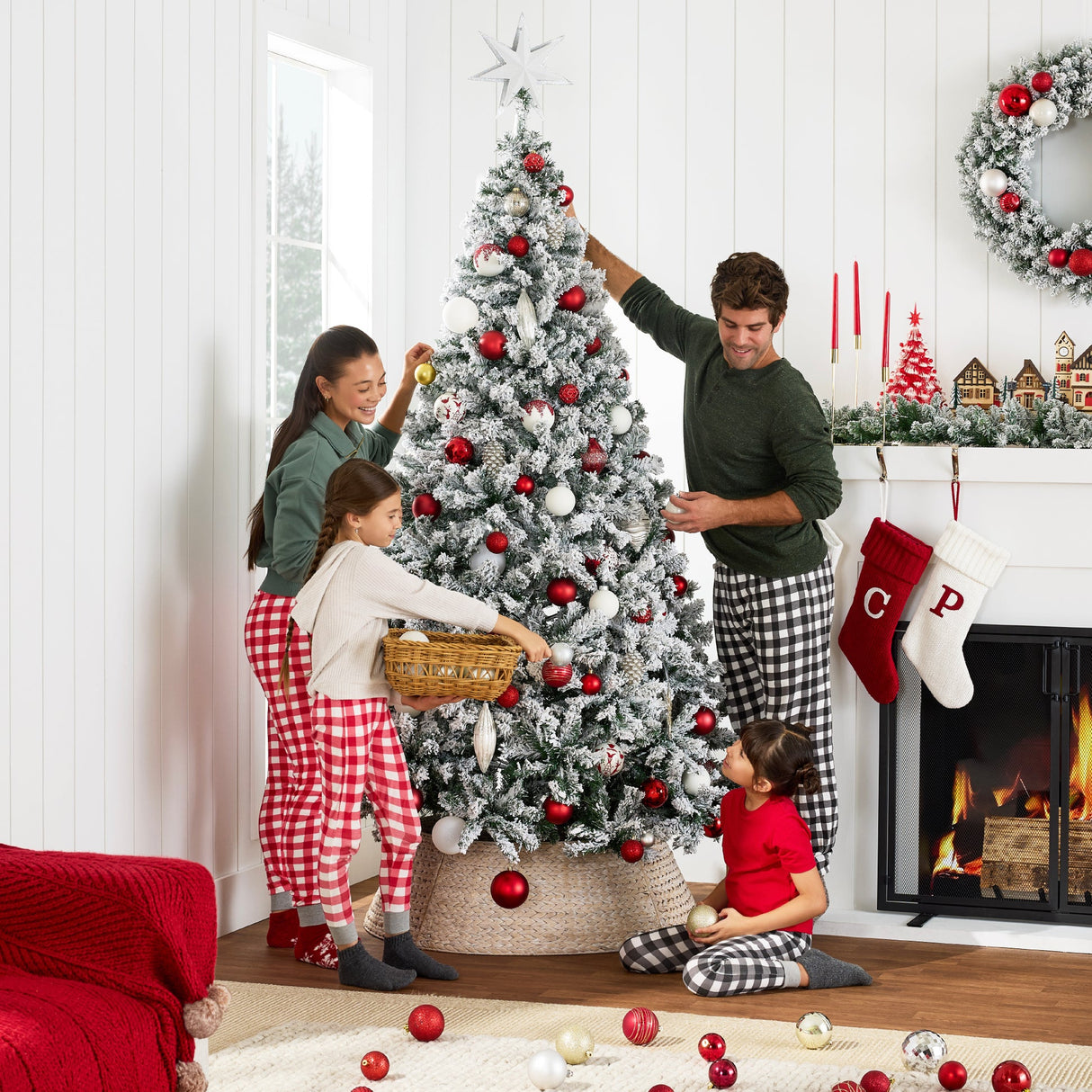Snow Flocked Pine Christmas Tree with Metal Stand Base