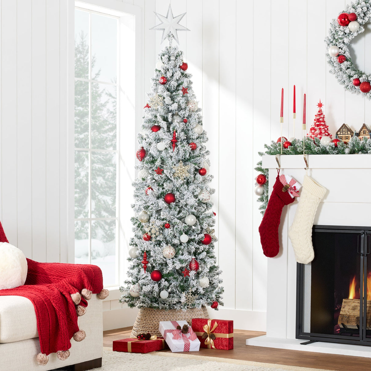 Snow Flocked Artificial Pencil Christmas Tree with Stand